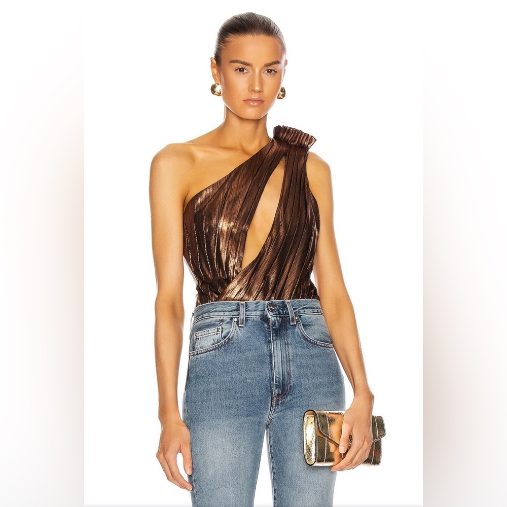 Retrofete Metallic Brown Bodysuit Cassie Party One Shoulder Cocktail SZ Medium